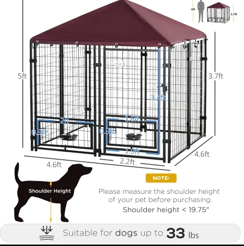 Outdoor Dog Kennel With Rotating Bowl Holders, 5 ft x 5 ft x 5 ft, Black And Red - Image 2