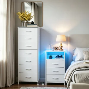 White Nightstand & Dresser Set with Storage, LED & Charging Station