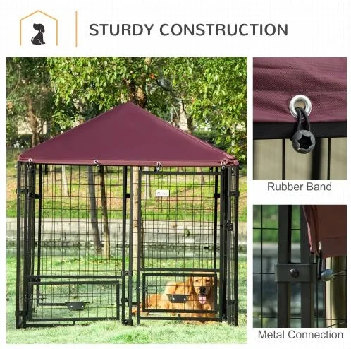 Outdoor Dog Kennel With Rotating Bowl Holders, 5 ft x 5 ft x 5 ft, Black And Red - Image 5
