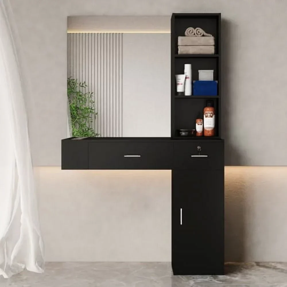 OmySalon Wall Mount Salon Station With Mirror, 1 Storage Cabinet, 2 Drawers And 3-Tier Shelf - Black - Image 3