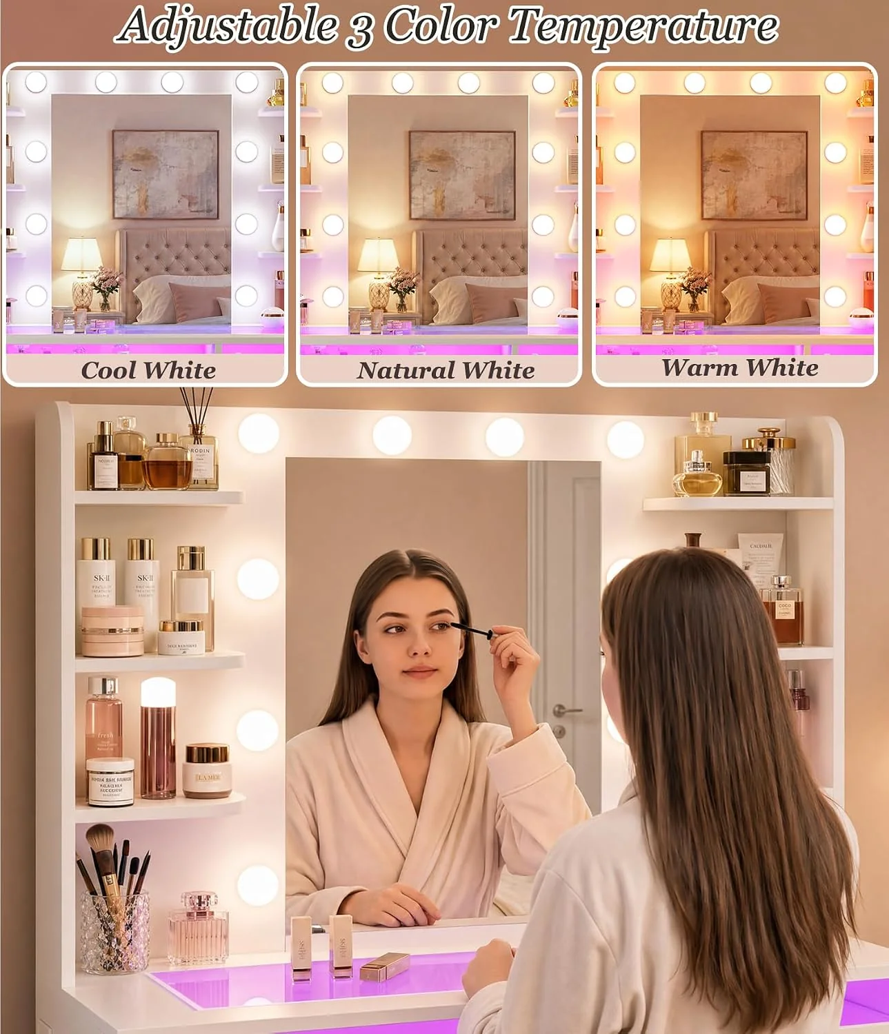 Fixwal Vanity Desk with Mirror and Lights, Makeup Vanity Table with RGB Drawers, 3-Color LED Lighting, Tempered Glass Top, 6 Shelves, Power Outlet, 35.4"W x 15.7"L x 55.1"H - Image 3