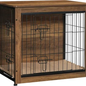 DWANTON Wooden Dog Crate Furniture With Cushion, Double Doors And Adjustable Feet