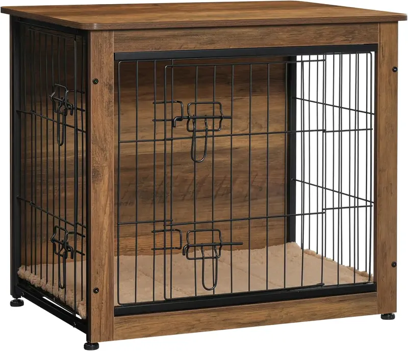 DWANTON Wooden Dog Crate Furniture With Cushion, Double Doors And Adjustable Feet