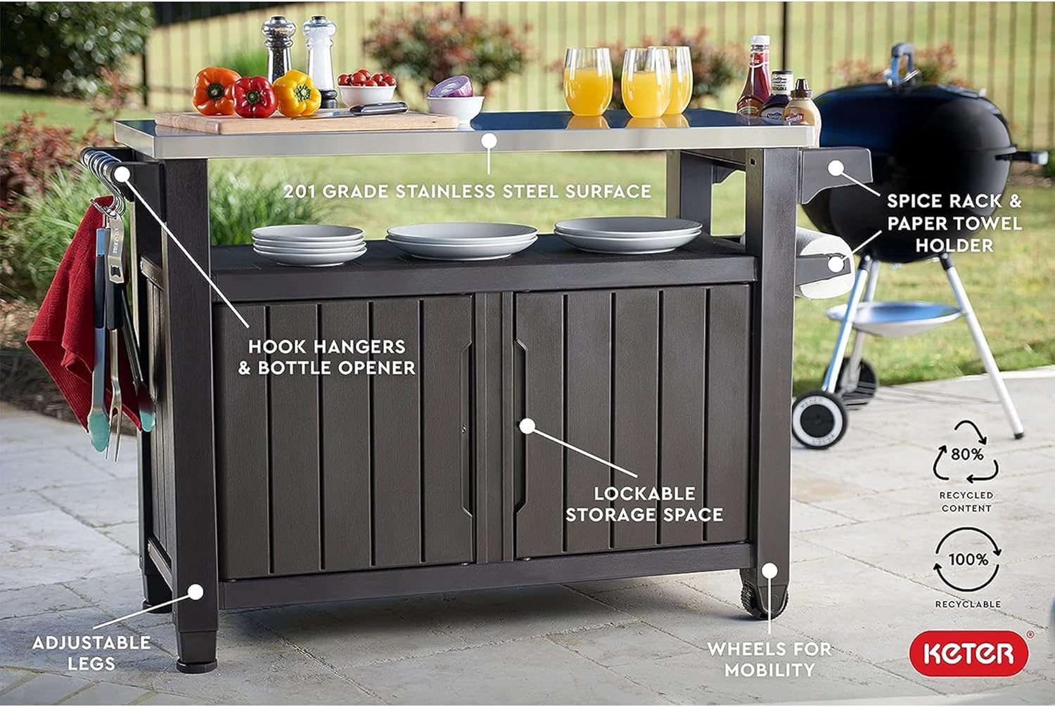 Keter Outdoor Rolling Table Cart for Food Prep, Storage, Bar & Grill, Dark Brown - Image 20