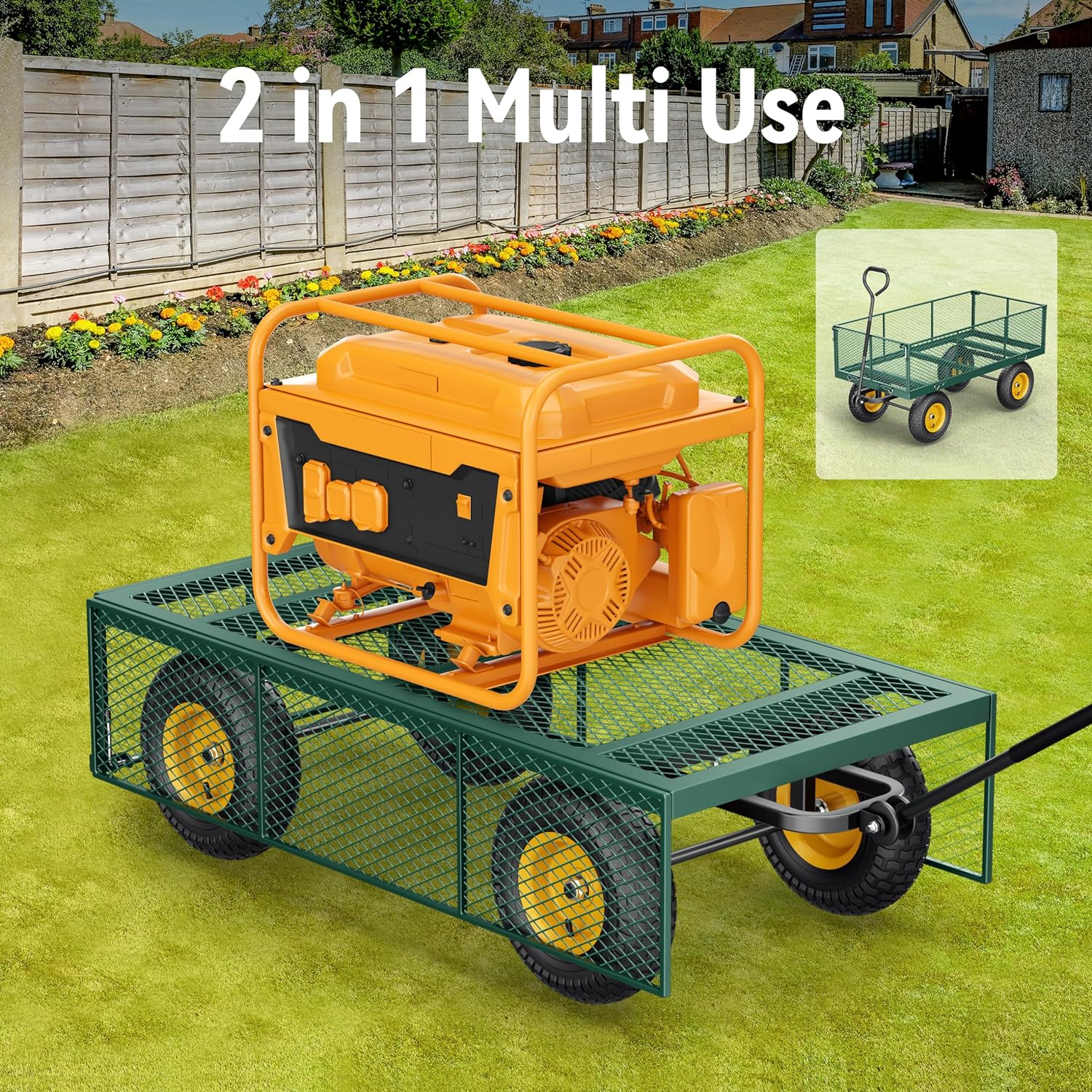 Steel Garden Cart, 2-in-1 1400 lbs Heavy Duty Utility Wagon, with Removable Mesh Sides to Convert into Flatbed, 240 U-Turn 13" Pneumatic Tires Garden Wagon for Farm Yard Lawn Garden Camping - Image 23