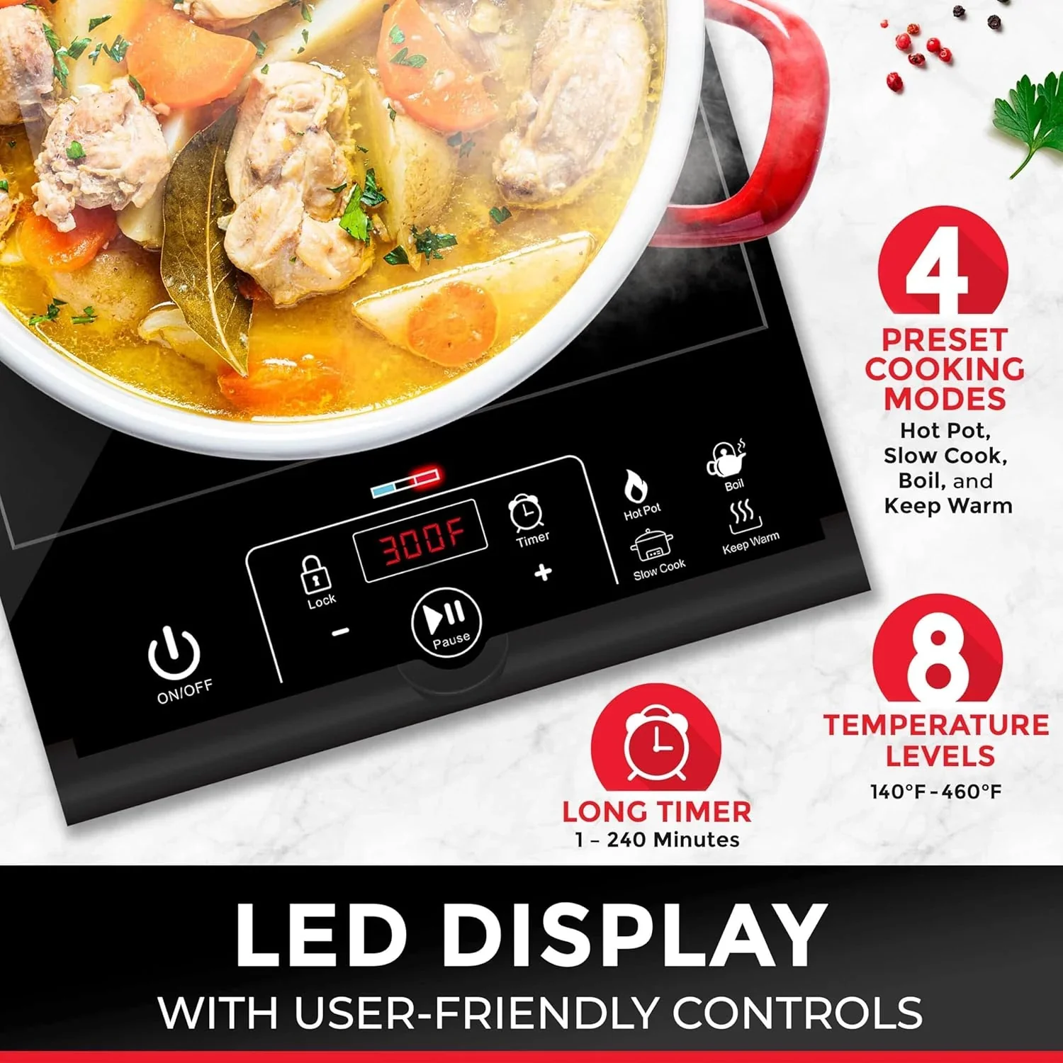 RapidTherm Portable Induction Cooktop Hot Plate, 1800W, 8 Temperature Levels - Image 2