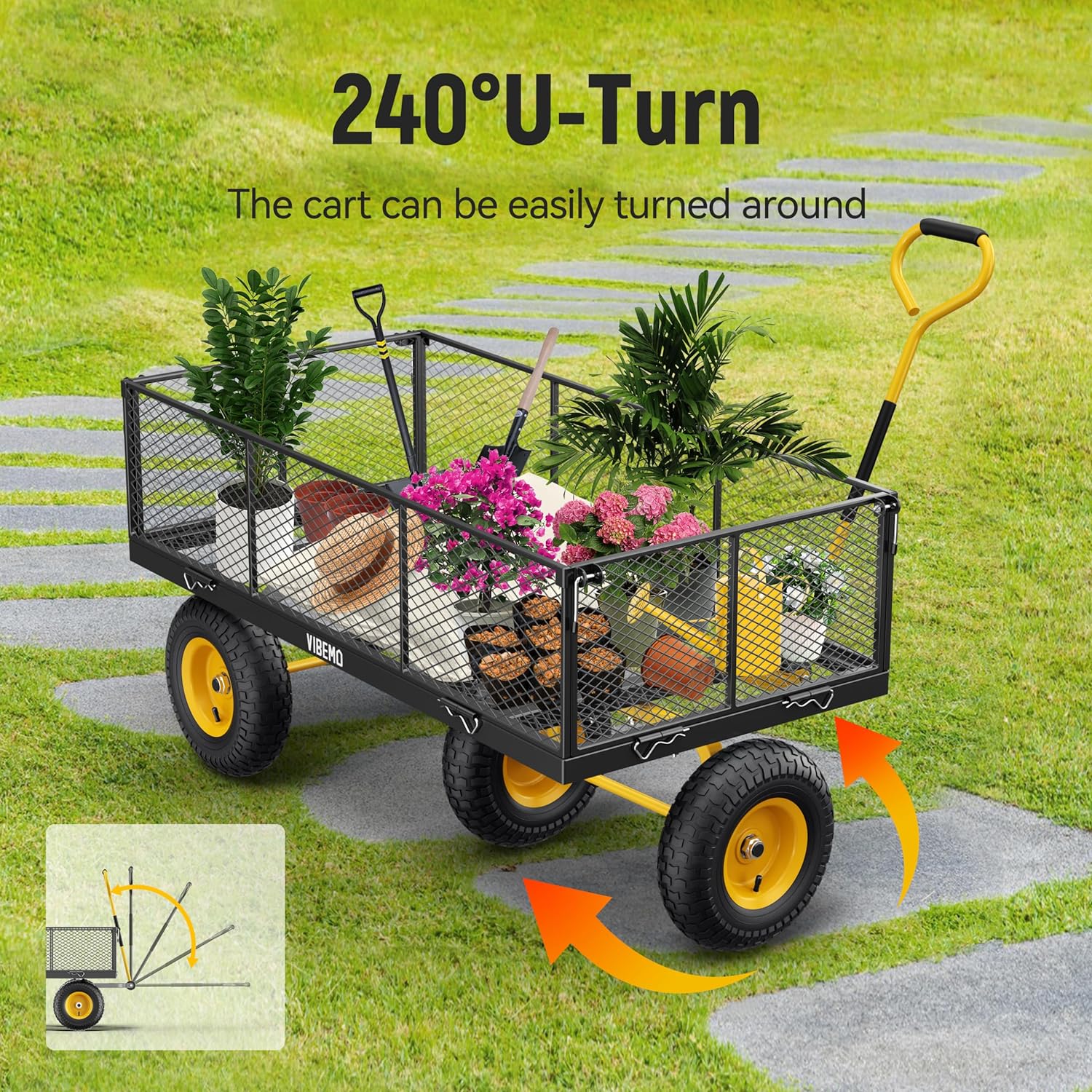 Steel Garden Cart, 2-in-1 1400 lbs Heavy Duty Utility Wagon, with Removable Mesh Sides to Convert into Flatbed, 240 U-Turn 13" Pneumatic Tires Garden Wagon for Farm Yard Lawn Garden Camping - Image 6