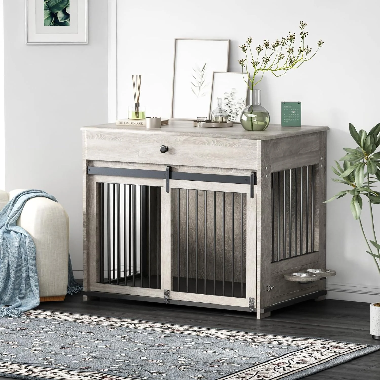 Wooden Dog Crate Furniture With Flip-Up Door, Rotating Bowls And Storage Drawer - 95L x 85W x 60H Centimetres - Image 2