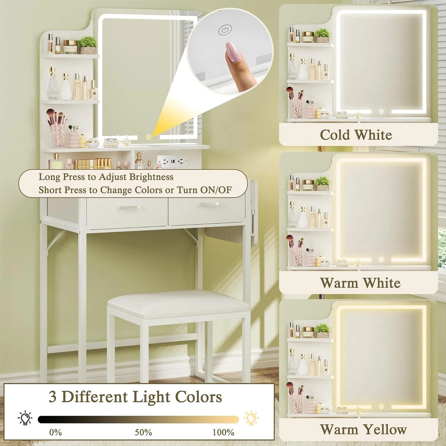Fixwal Small Makeup Vanity Table with LED Mirror, 4 Drawers & Charging Station, White - Image 14