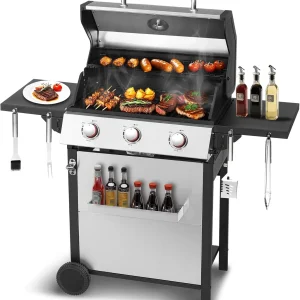 3-Burner Propane Gas Grill with 30,000 BTU Output - Double-layer Stainless Steel Grill Lid, Cast Iron Cooking Grids, Easy-Clean Grease Management & Even Heat Distribution for Perfect BBQs