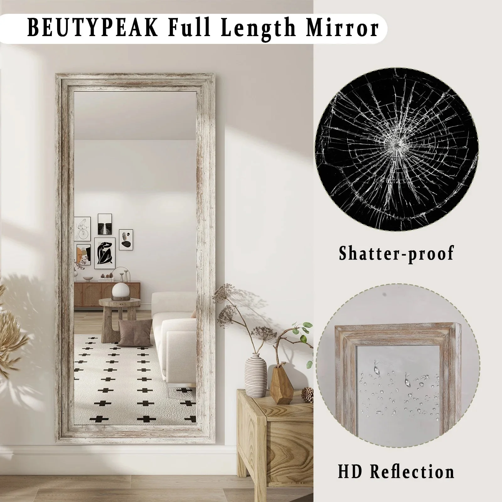 BEAUTYPEAK Full Length Floor Mirror With Stand, 64 x 21 in, Retro White - Image 4