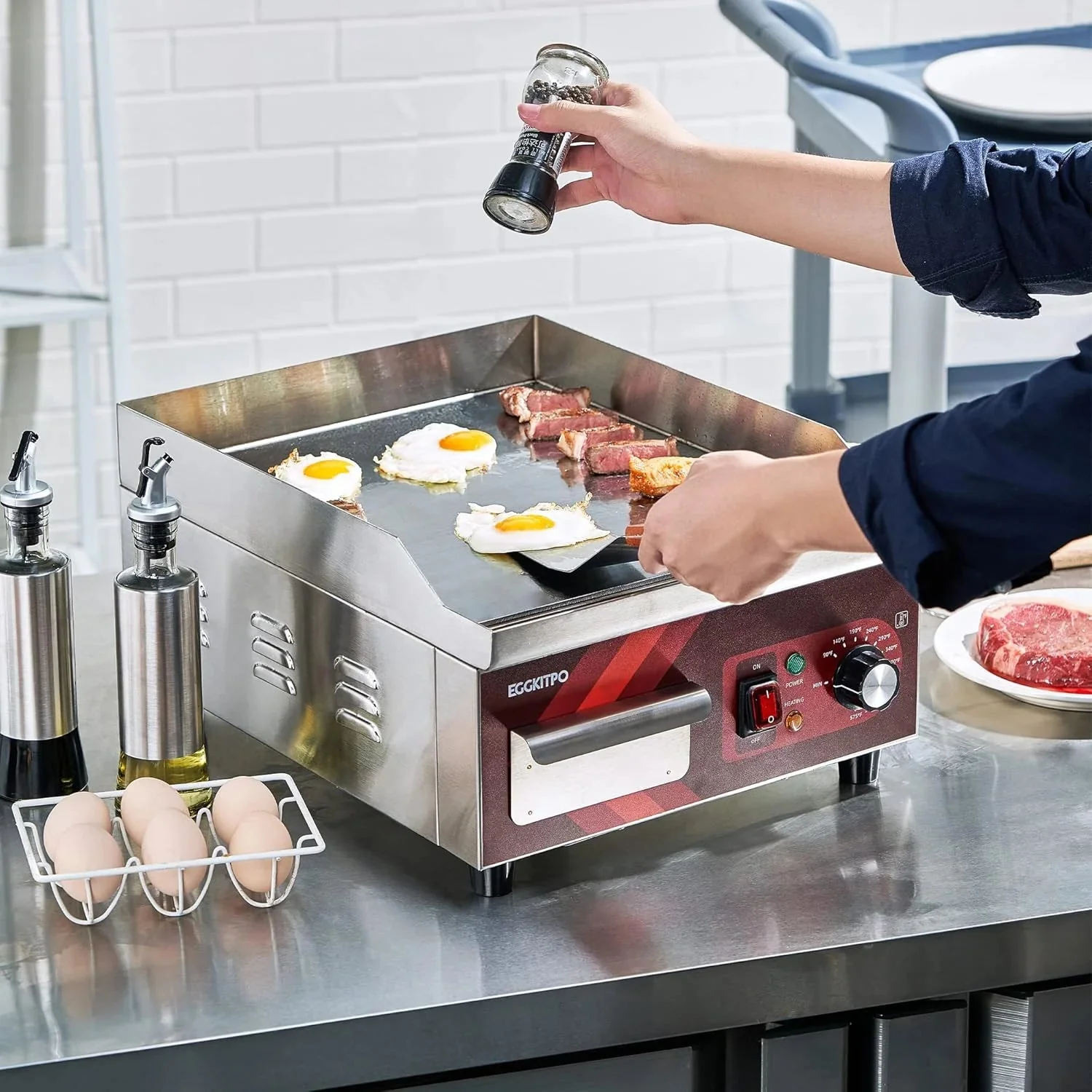 14 Inch Electric Griddle, Non-Stick Flat Top Grill Commercial Electric Countertop Griddles Stainless Steel Adjustable Temperature Control 90F-575F for Home or Restaurant Use - Image 10