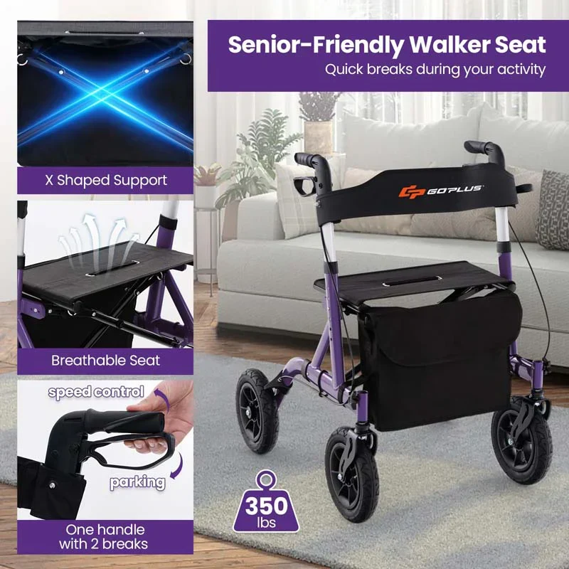 Foldable Rolling Rollator Walker With Seat, 9.5 Inch Pneumatic Wheels - Image 7