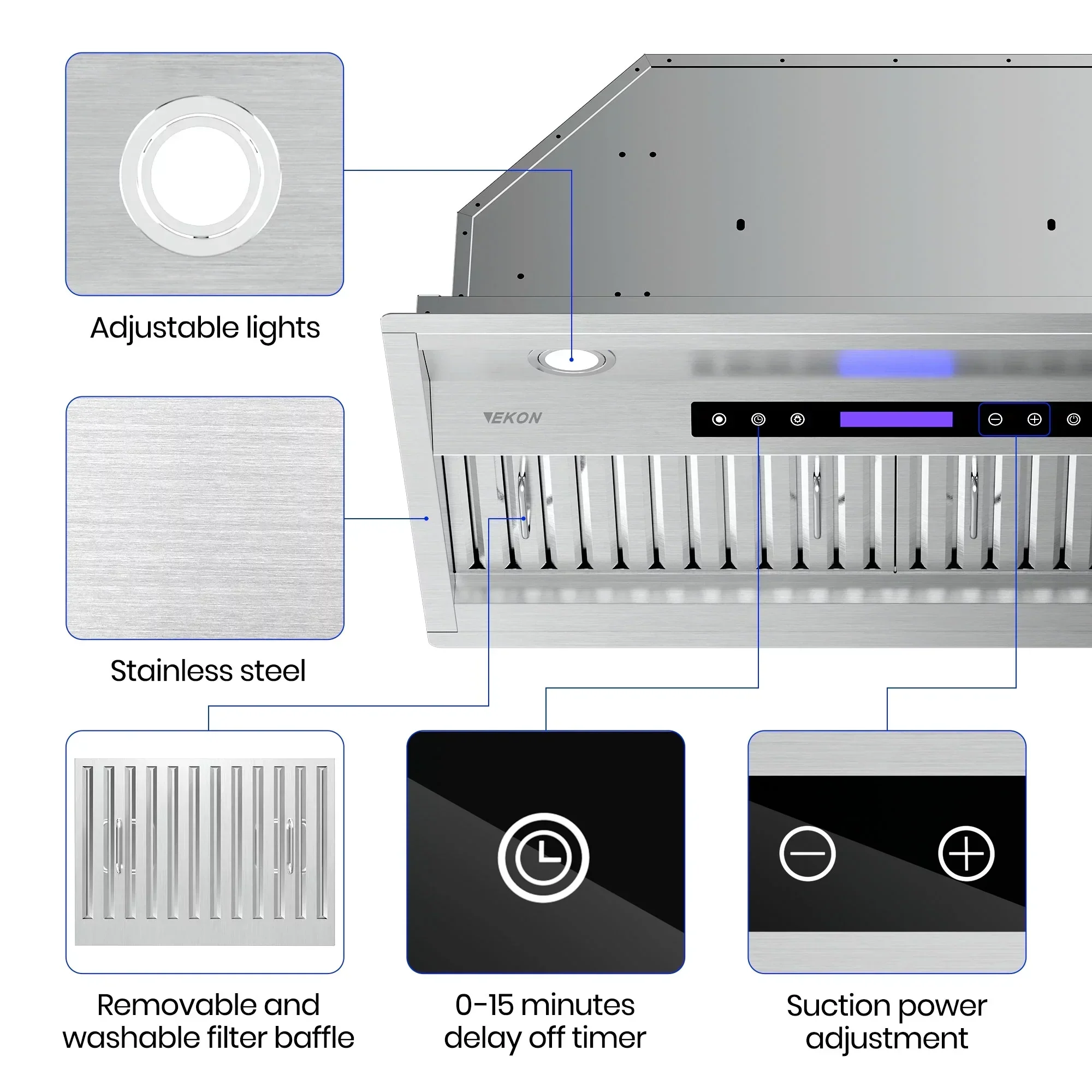 EKON Kitchen Expert 36 inch 900 CFM Convertible Insert Range Hood With Remote Control - Image 2