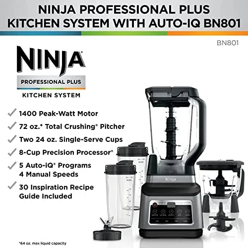 Ninja Professional Plus Kitchen System 1400 WP, 72-oz Blender Pitcher, 64-oz Processor Bowl, 2 24-oz To-Go Cups - BN801 - Image 4