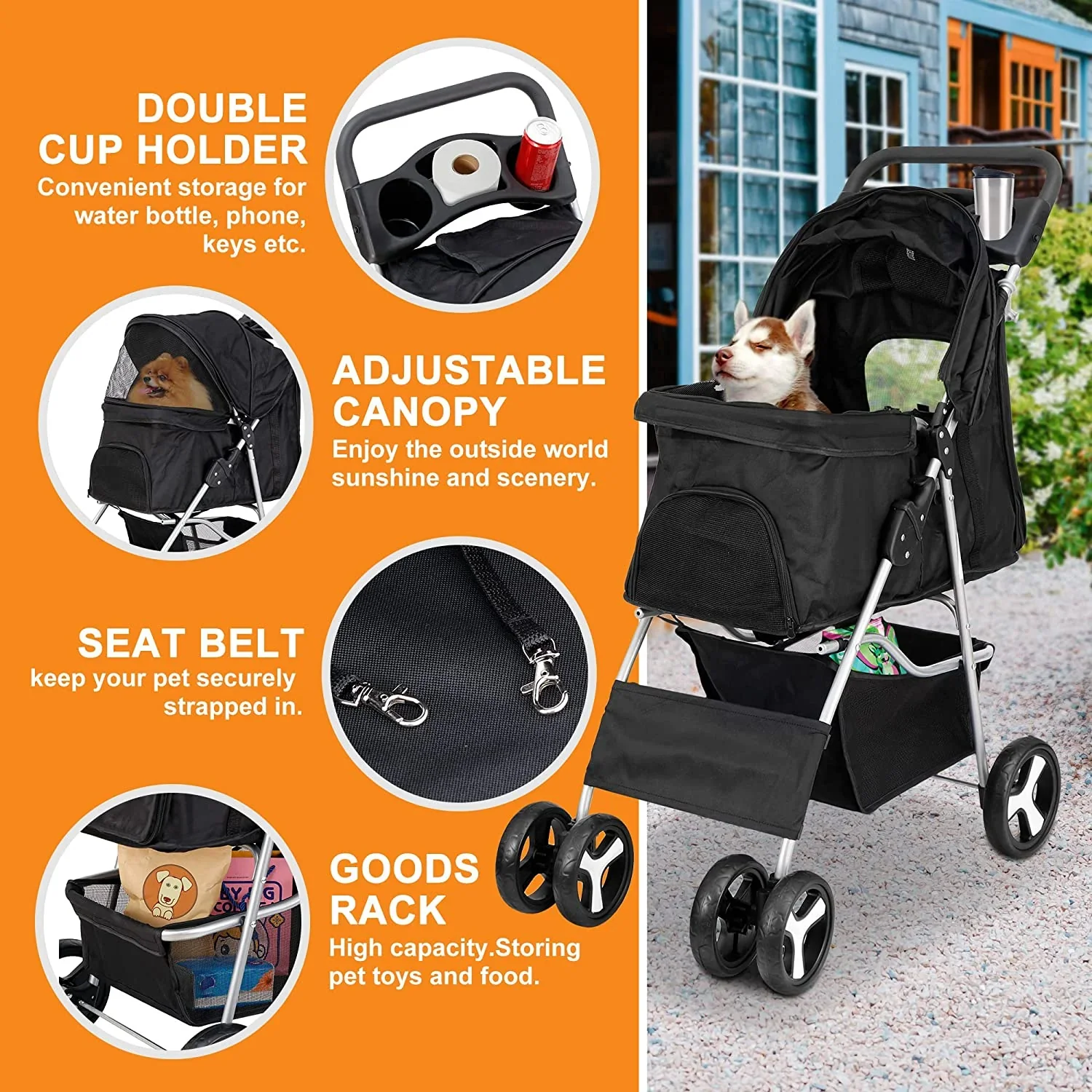 Pet Stroller With 4 Wheels For Small And Medium Dogs And Cats - Foldable, Oxford Cloth, 30 lbs Capacity - Image 7