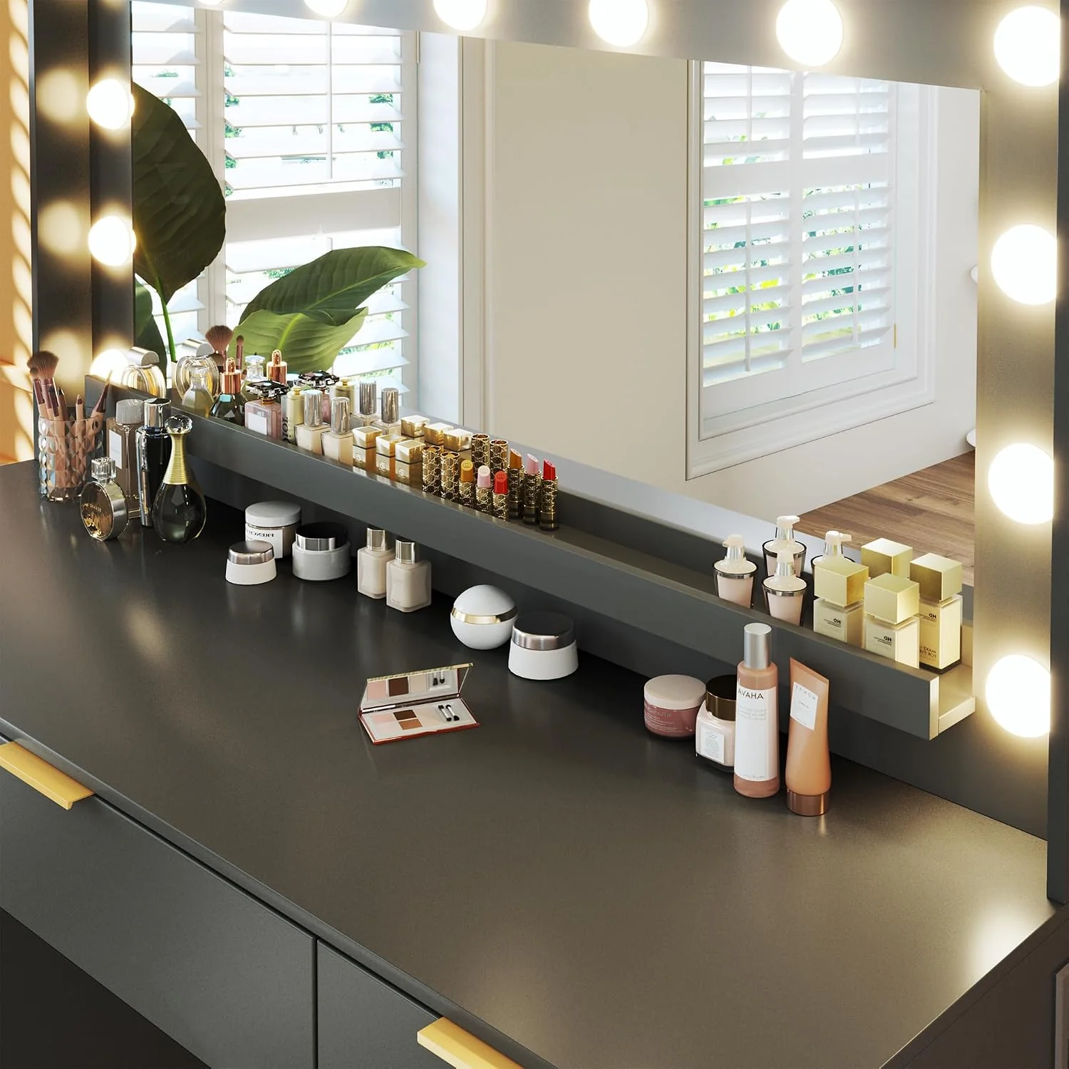 Fixwal Vanity Desk, 45.3in Makeup Vanity with 7 Drawers & Large Mirror, Black Vanity Desk for Bedroom - Image 2