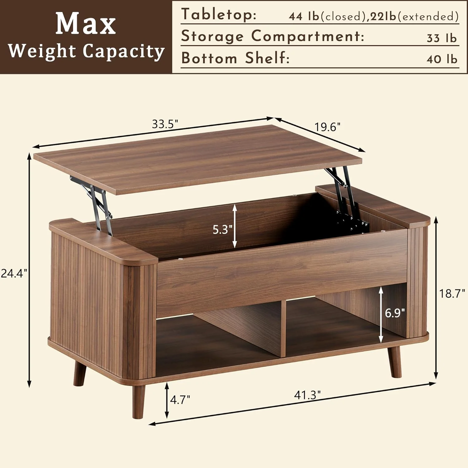 Fixwal 41" Lift Top Coffee Table with Storage, Walnut Mid Century Modern Coffee Table with Fluted Design - Image 4