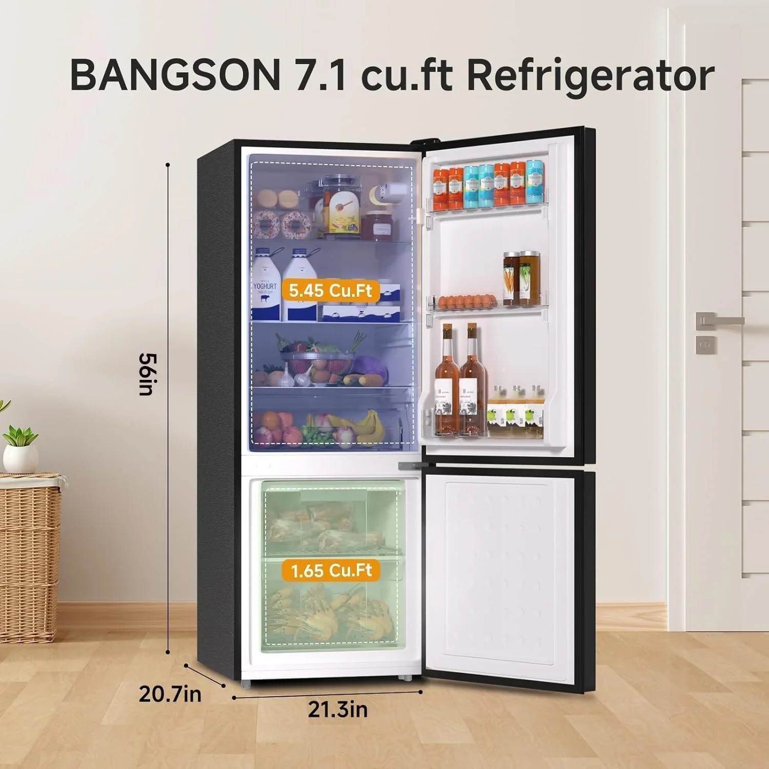 BANGSON Bottom Freezer Refrigerator 7.1 Cu.Ft Black - 2 Door - Image 2