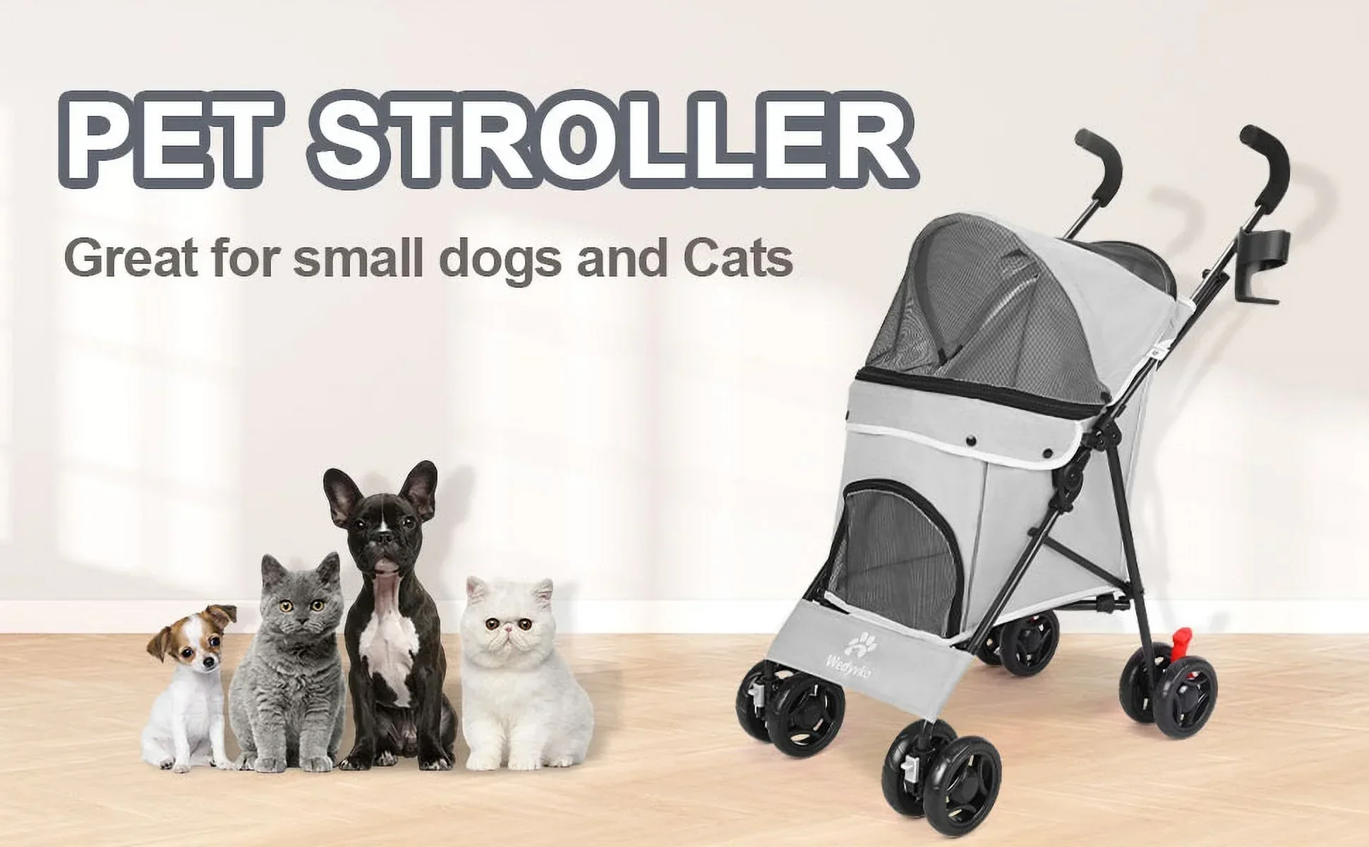 4-Wheel Foldable Cat And Dog Stroller With Storage Basket And 360 Degree Front Wheels - Gray - Image 7
