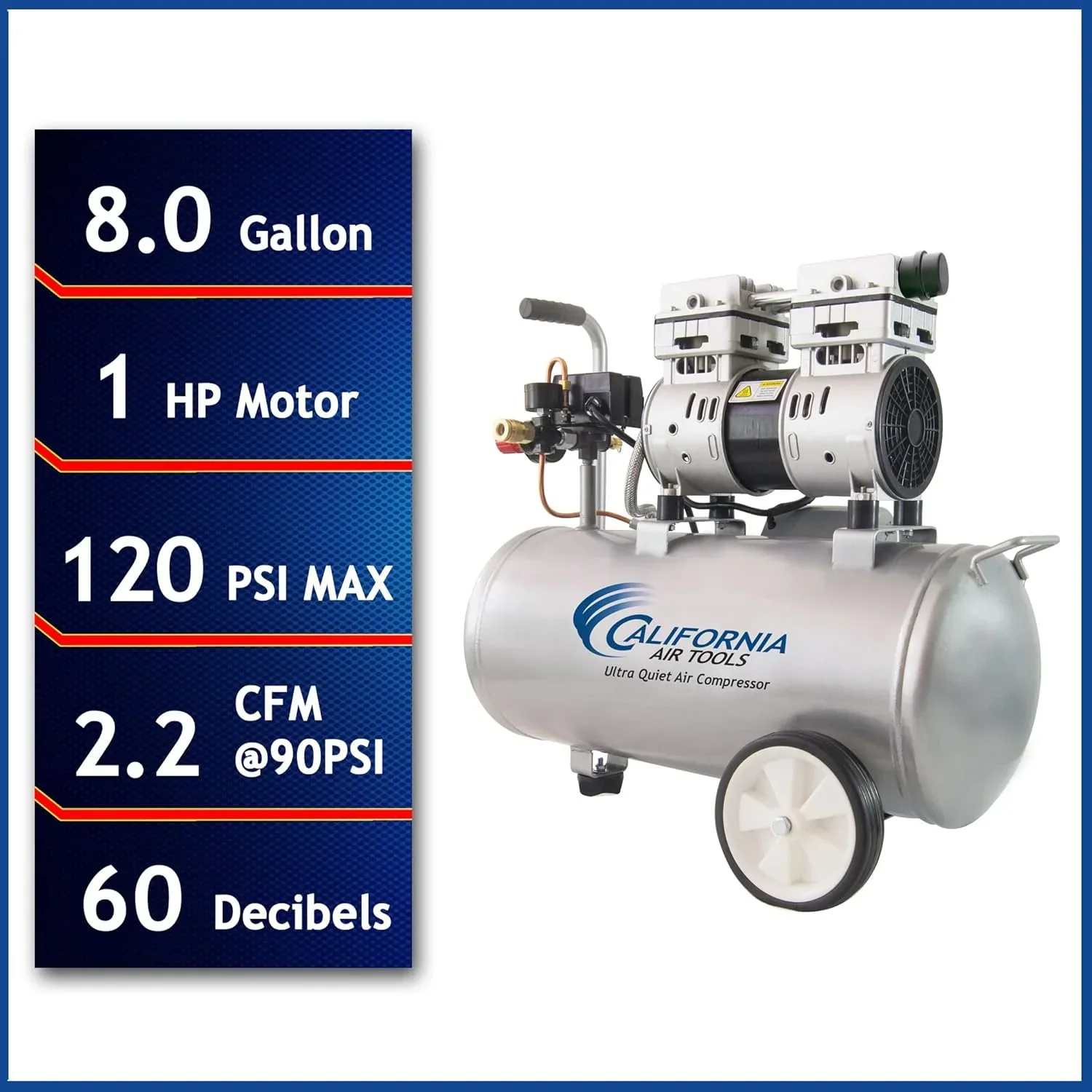 Air Tools 8010 Ultra Quiet Oil-Free Air Compressor, 1.0 HP, 8 Gallon, 120 PSI, 60 dB Noise Level - Image 3