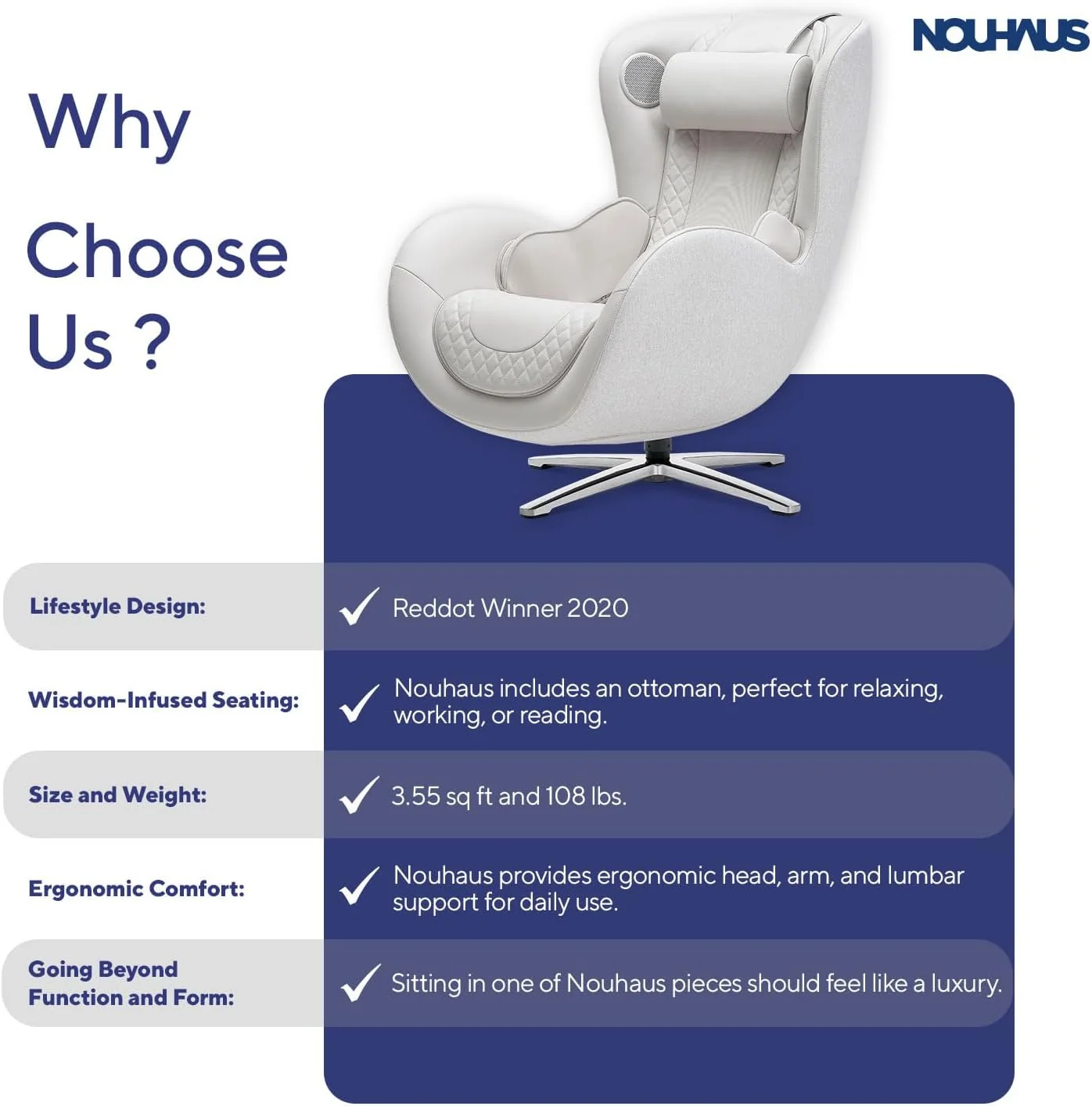 Nouhaus Classic Massage Chair With Ottoman, Bluetooth Speakers - N-0003 - Image 5