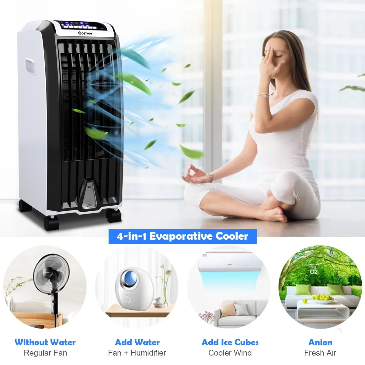 Costway Portable Evaporative Air Cooler Fan With Remote Control - 6.5L, White + Black - Image 2