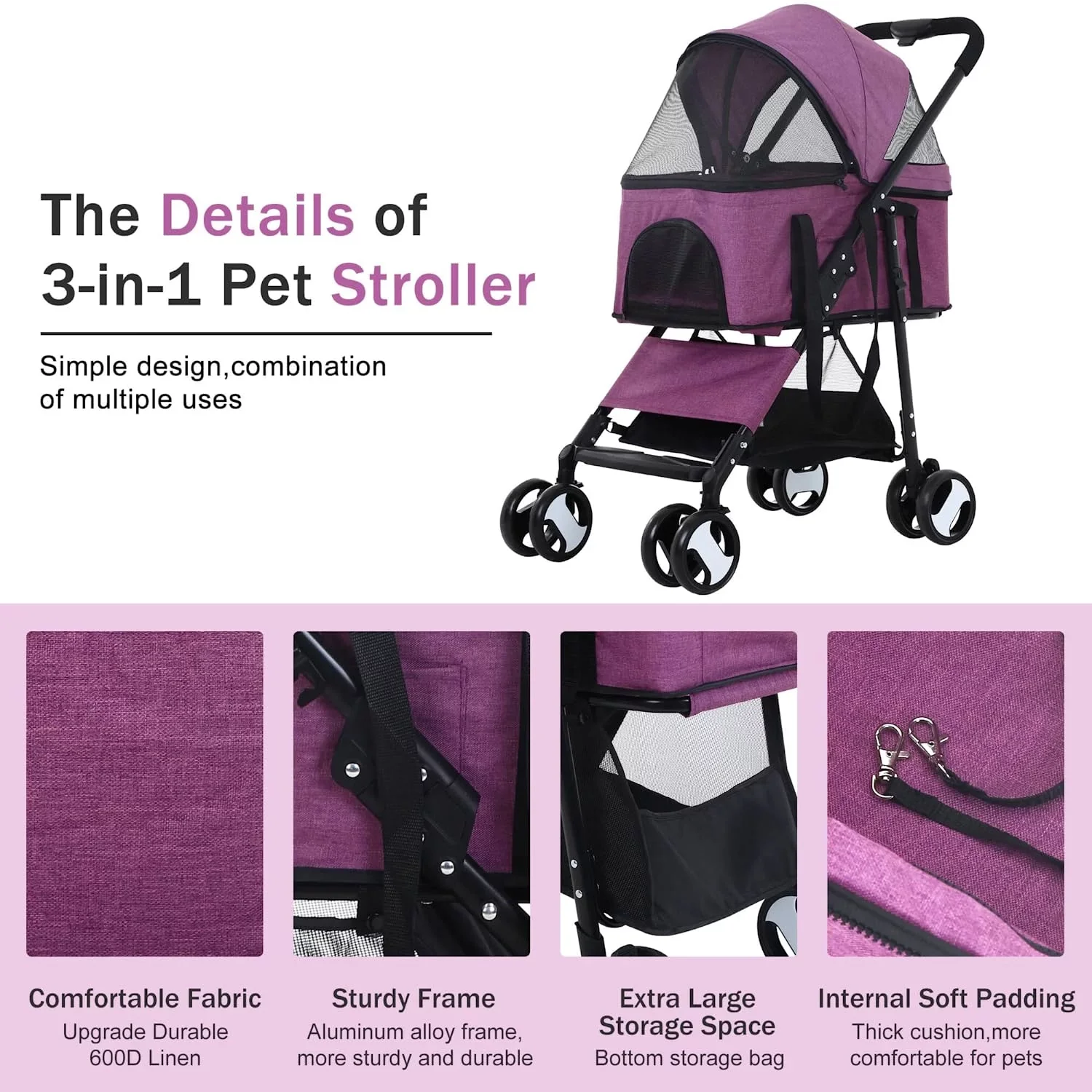 YRLLENSDAN 3-in-1 Pet Stroller With Detachable Carrier And 4 Wheels - Image 6