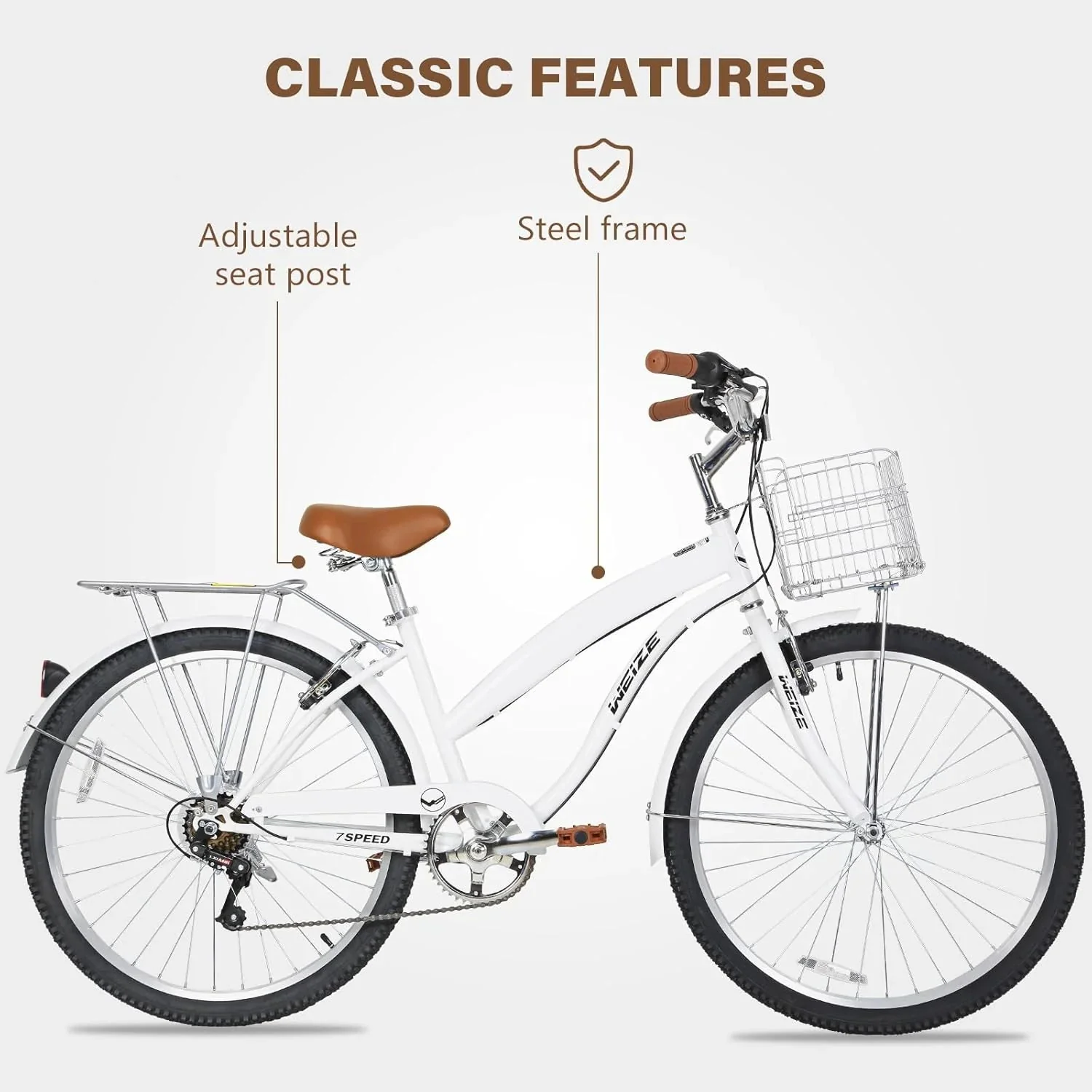 WEIZE Beach Cruiser Bike, 26 inch Commuter Bicycle for Adult Men and Women, 7-Speed/High-Carbon Steel/Front & Rear Fenders, Comfortable City Bikes with Rear Rack or Basket, Ergonomic Upright Design - Image 8
