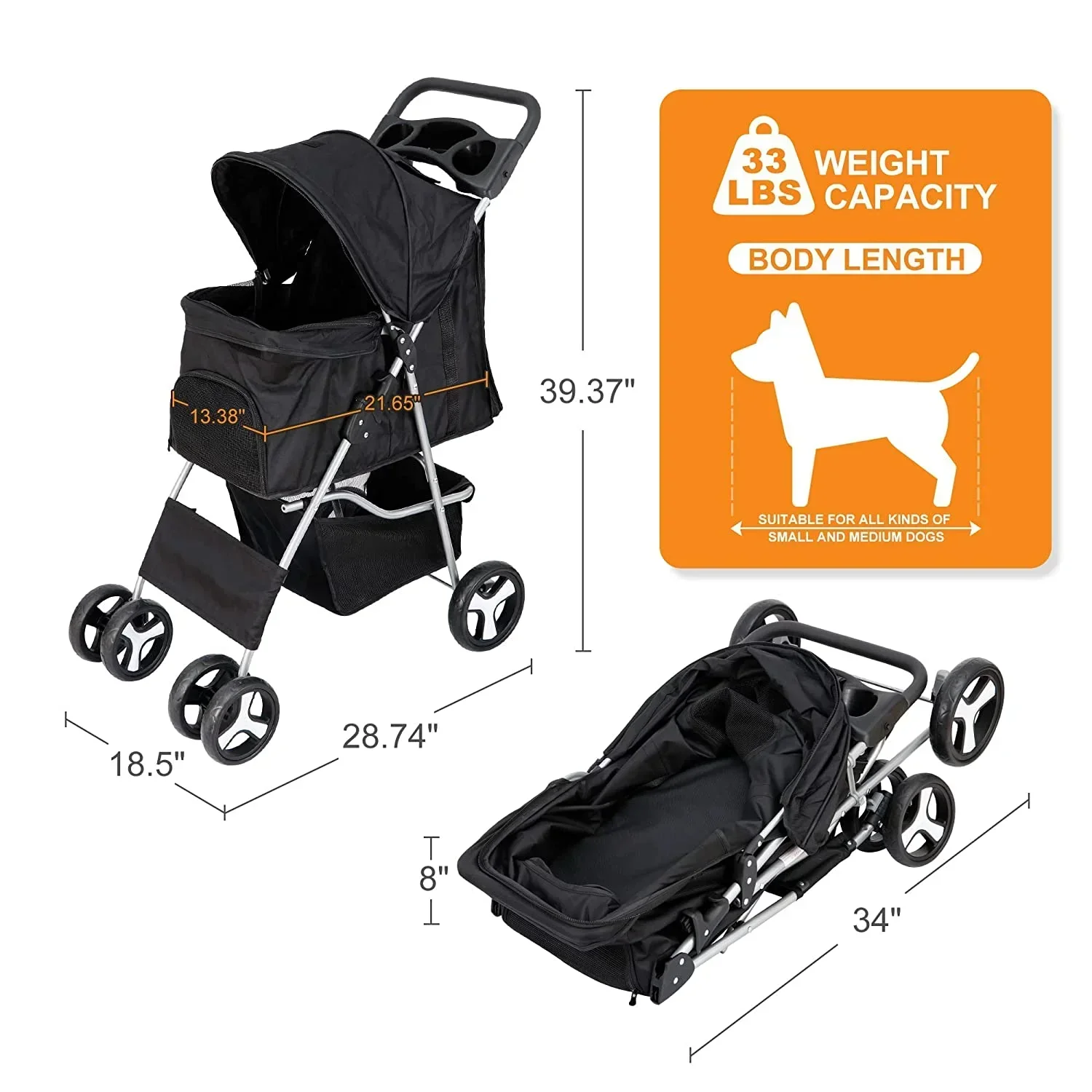 Pet Stroller With 4 Wheels For Small And Medium Dogs And Cats - Foldable, Oxford Cloth, 30 lbs Capacity - Image 5