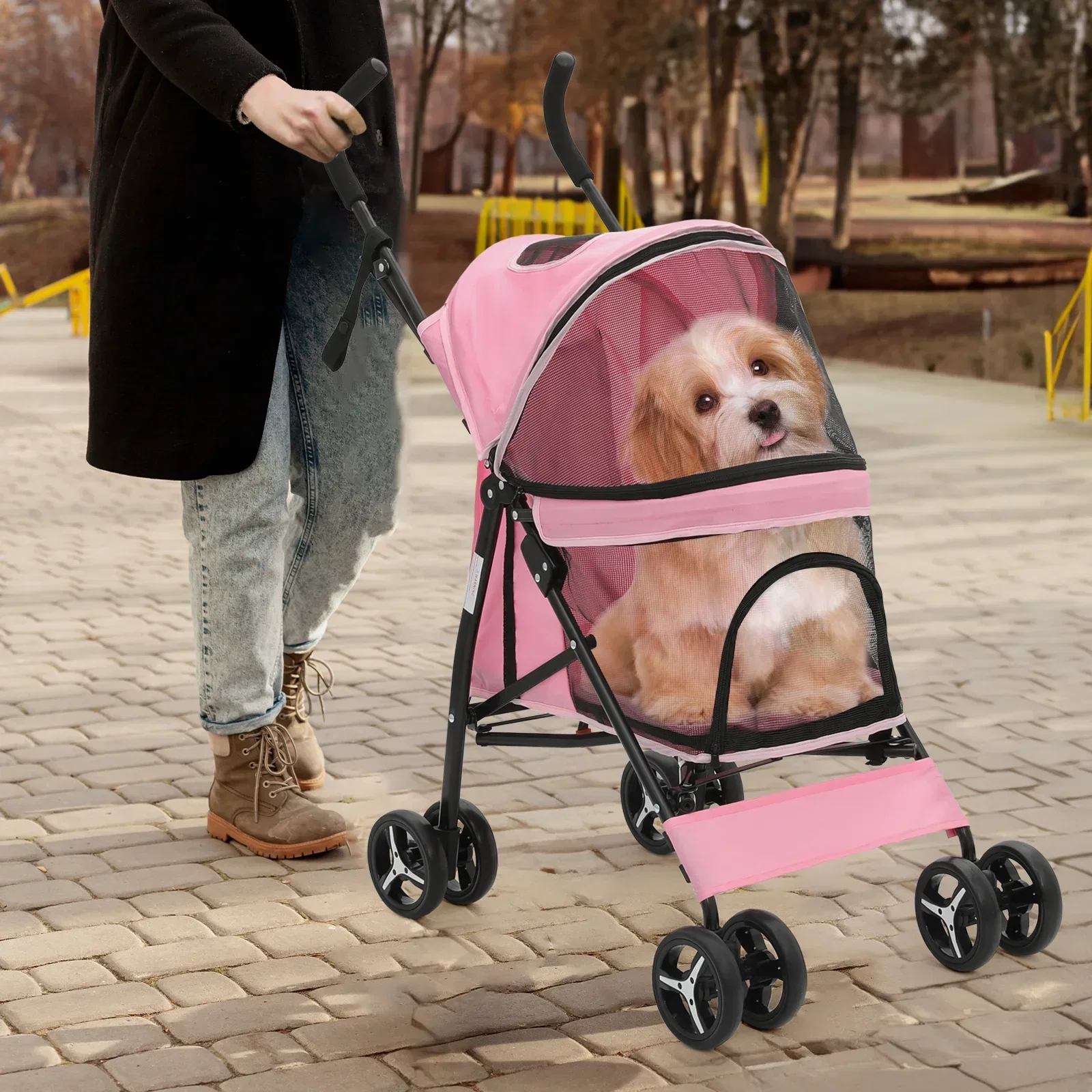 Magshion 4 Wheel Foldable Pet Stroller for Small Medium Dogs, Pink, 22 lbs - Image 2