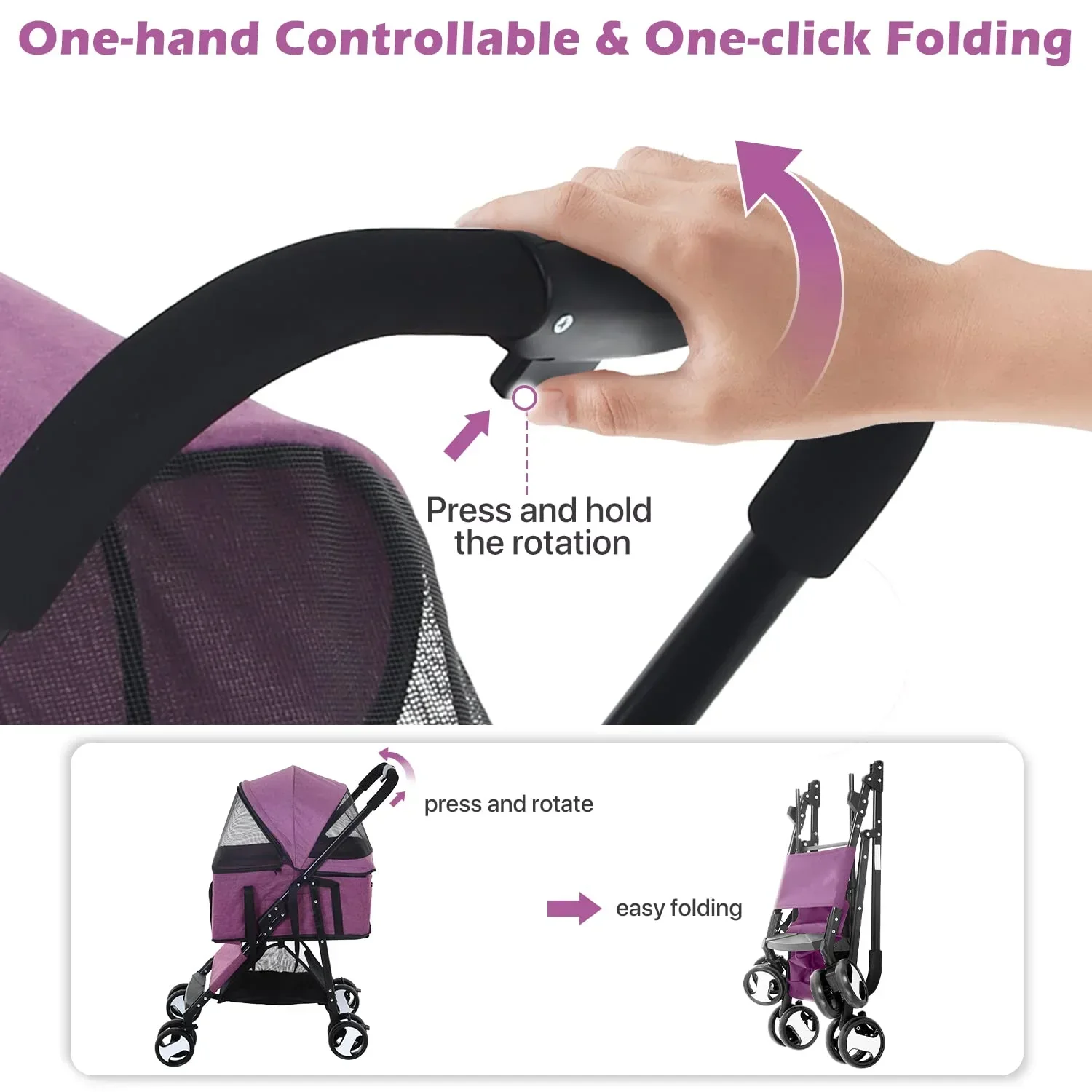 NiamVelo 3-in-1 Detachable Pet Stroller With 4 Wheels, Purple - Image 6