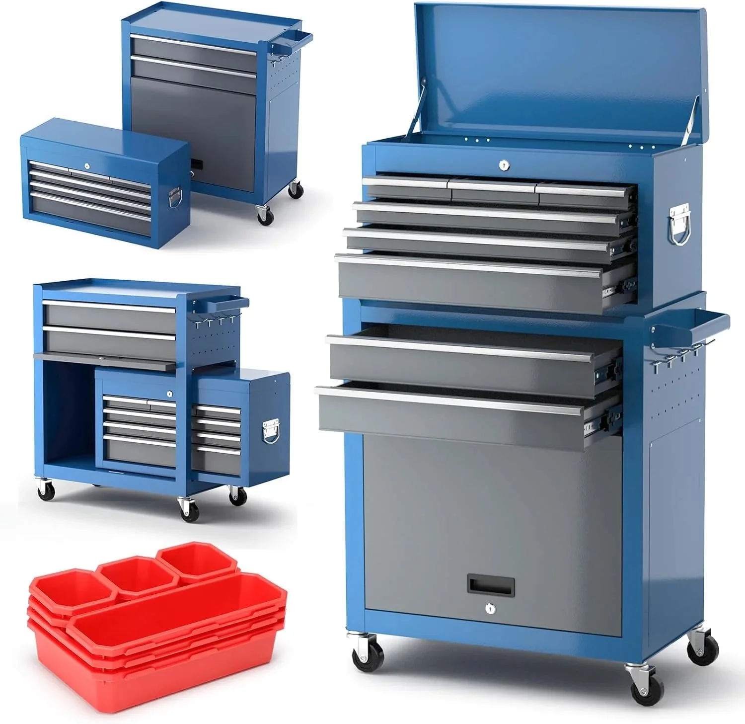 Tool Chest 8-Drawer | 42'' Large Rolling Tool Chest with Wheels | Detachable Top Metal Tool Box | Garage Storage Cabinet for Repair Room,Warehouse | Rolling Tool Box with Hooks,Liners,Tray Divider - Image 6