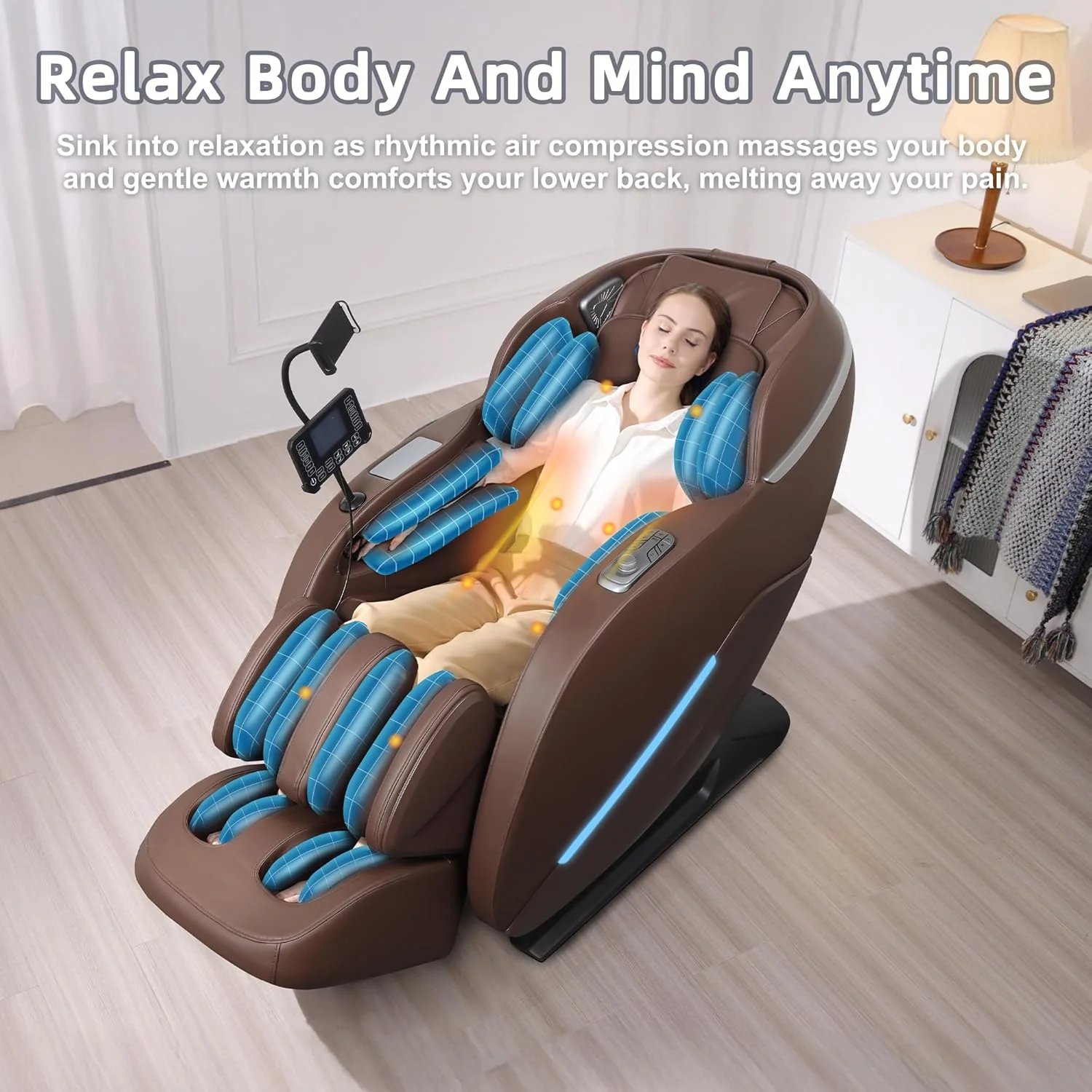 MYTHIA Full Body Zero Gravity Massage Chair With SL Track, Lumbar Heat, Foot Rollers And Bluetooth - A303C, Brown - Image 4
