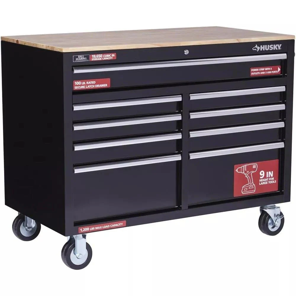 🔥46 in. W x 24 in. D 9-Drawer Gloss Black Deep Tool Chest Mobile Workbench - Image 4