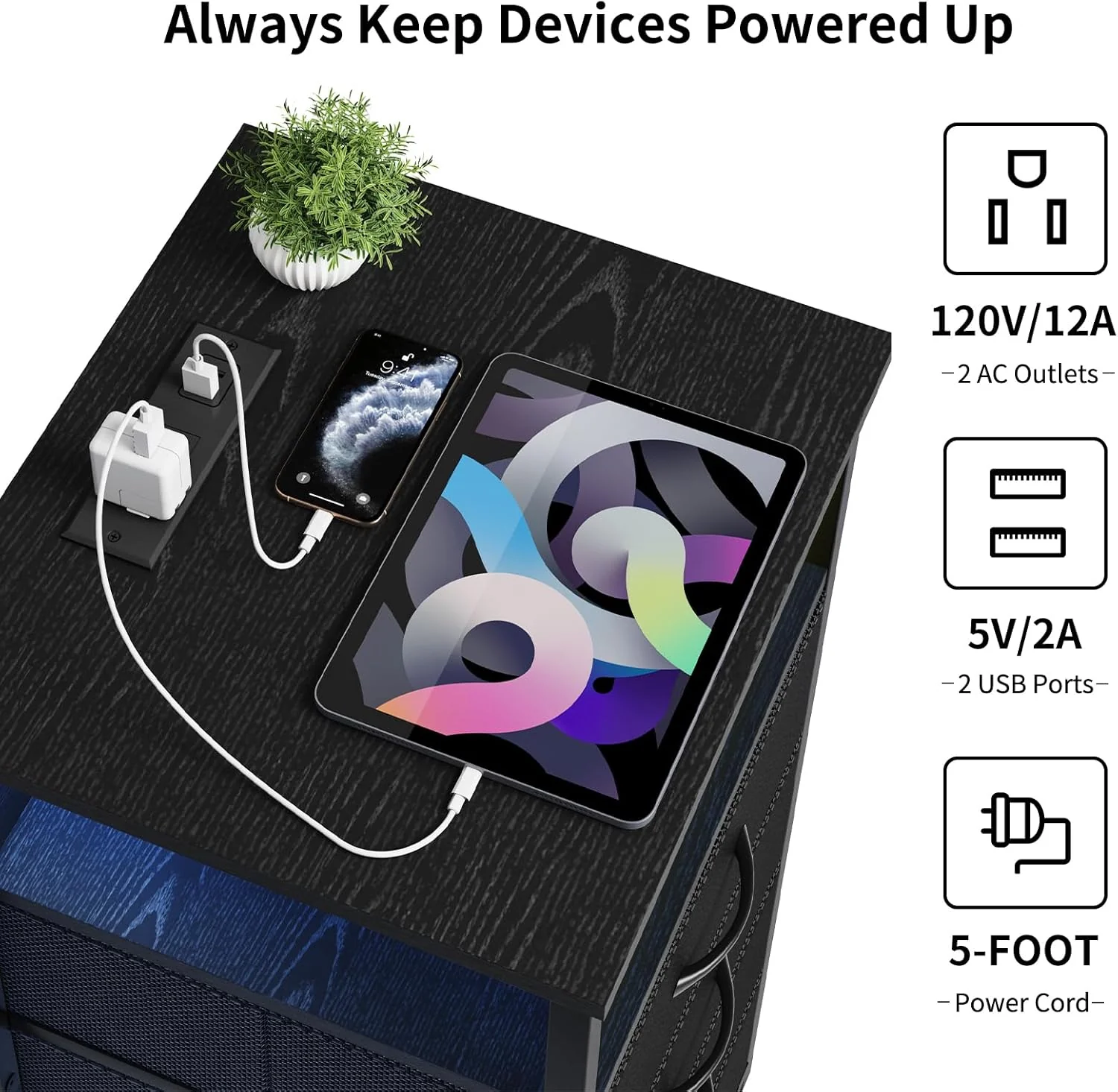 Black Tall Nightstand with Charging Station, 4 Fabric Drawers, RGB LED & Open Shelves - Image 7