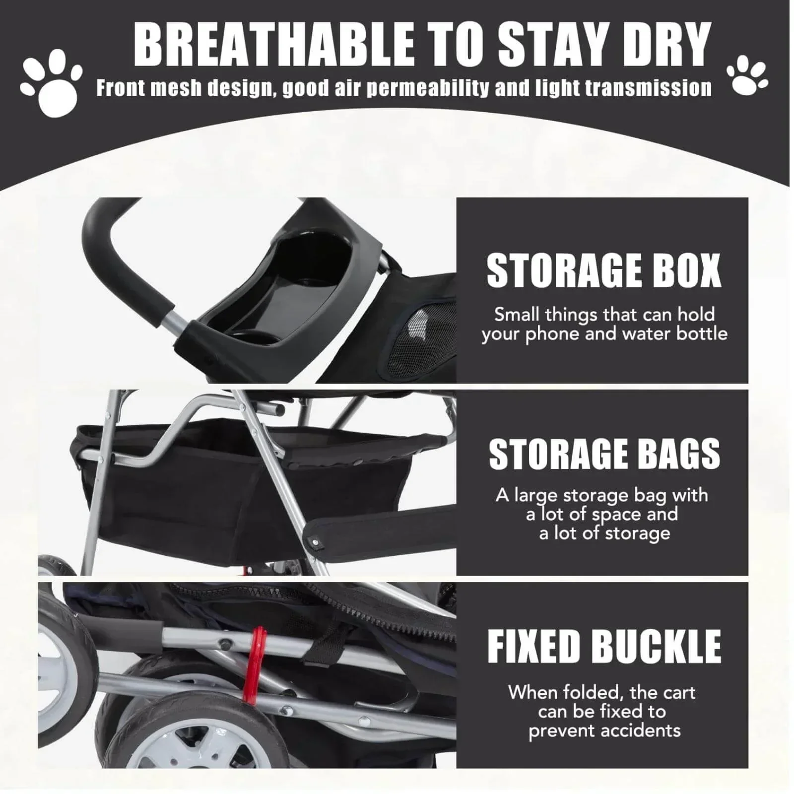 Foldable Dog And Cat Pet Stroller With Storage Basket, Removable Liner And 4 Wheels - Black - Image 6