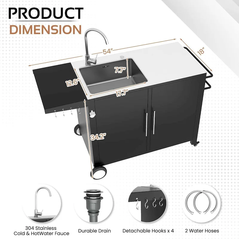 AECOJOY Stainless Steel Outdoor Kitchen Sink with Hose Hookup and Grill Prep Table Island Cabinets - Image 3