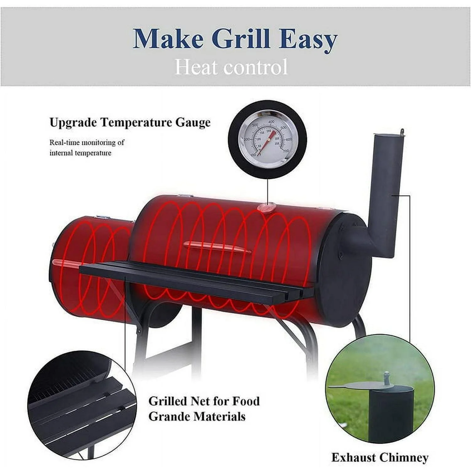 Vebreda Portable Charcoal BBQ Grill with Offset Smoker, Steel, Black, Thermometer, Wheels - Image 2