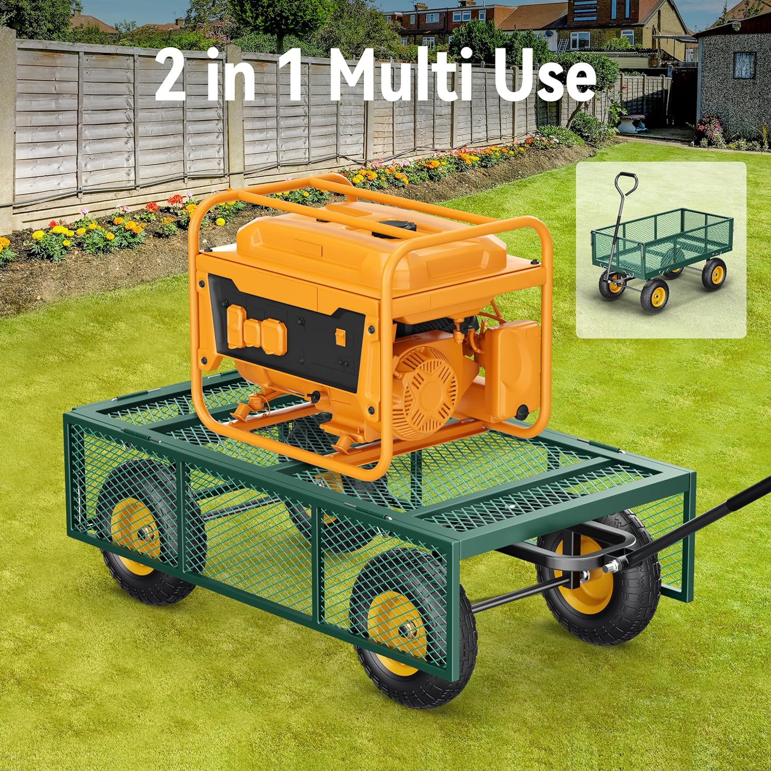 Steel Garden Cart, 2-in-1 1400 lbs Heavy Duty Utility Wagon, with Removable Mesh Sides to Convert into Flatbed, 240 U-Turn 13" Pneumatic Tires Garden Wagon for Farm Yard Lawn Garden Camping - Image 17