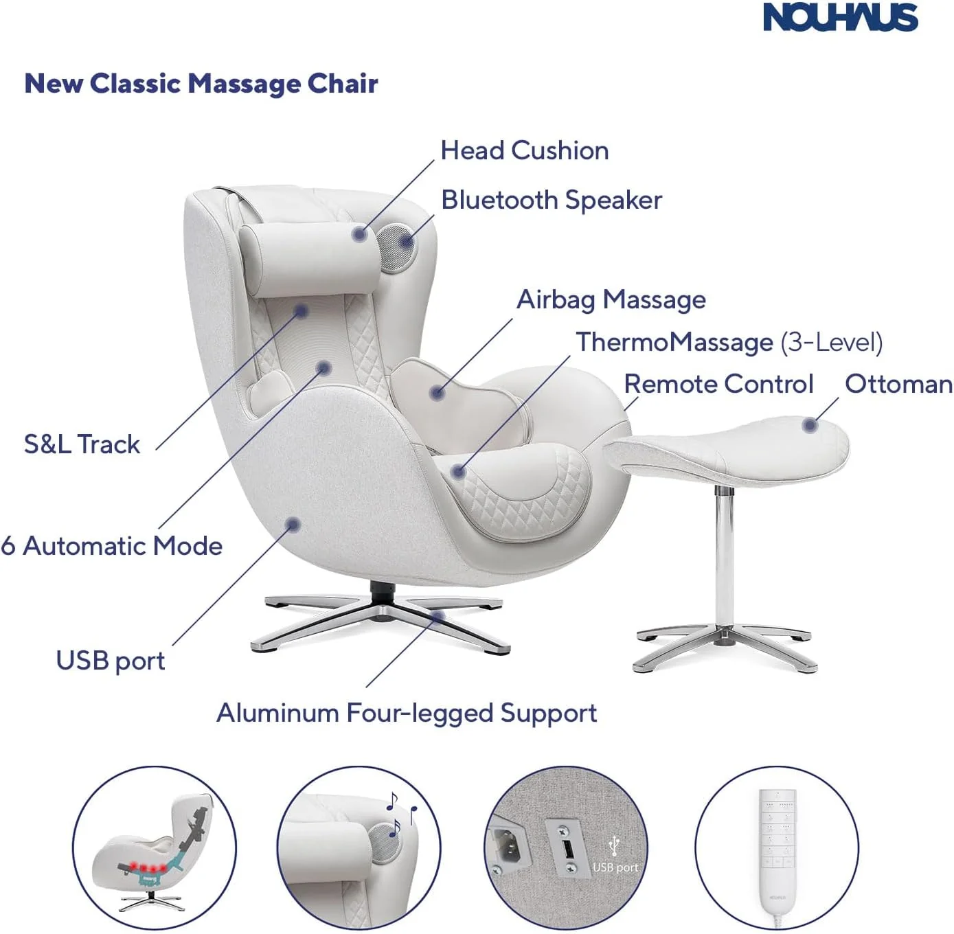 Nouhaus Classic Massage Chair With Ottoman, Bluetooth Speakers - N-0003 - Image 7