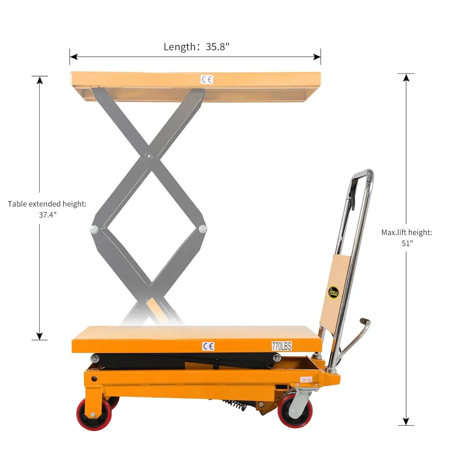 APOLLOLIFT Hydraulic Lift Table Cart – 770 lbs Capacity, 51" Max Height, Double Scissor Lift with Safety Guard & 4 Wheels - Image 3