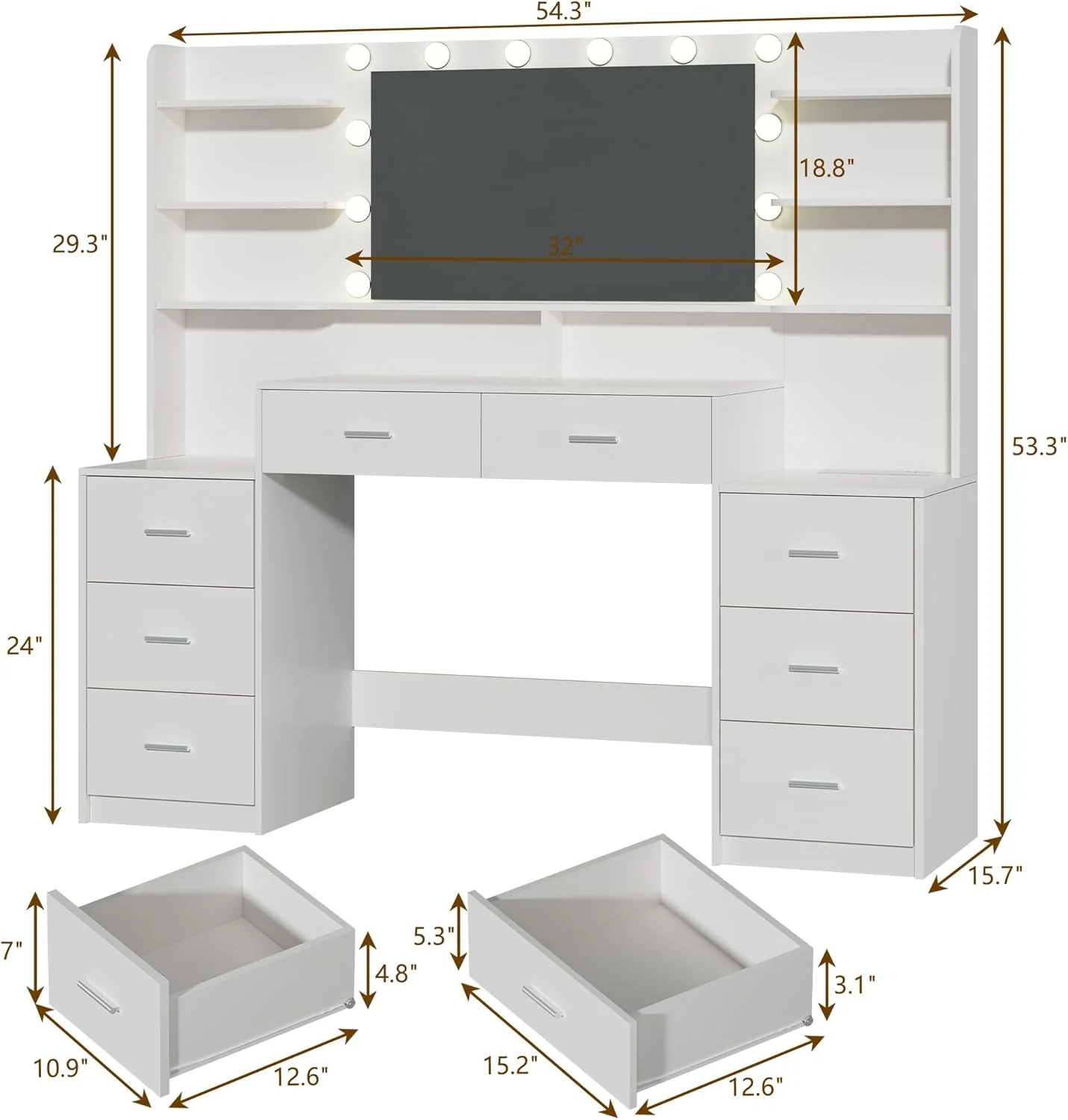 Fixwal 54.3" Professional Makeup Vanity Table with 8 Drawers, LED Hollywood Mirror & Charging Station, White - Image 9