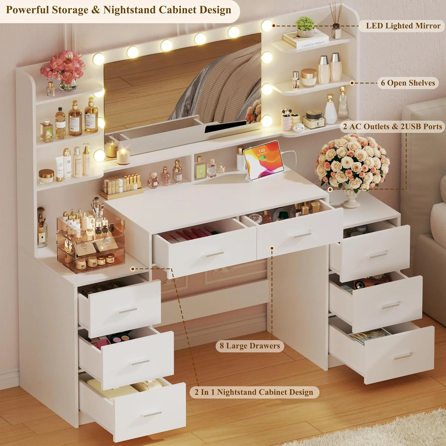 Fixwal 54.3" Professional Makeup Vanity Table with 8 Drawers, LED Hollywood Mirror & Charging Station, White - Image 2