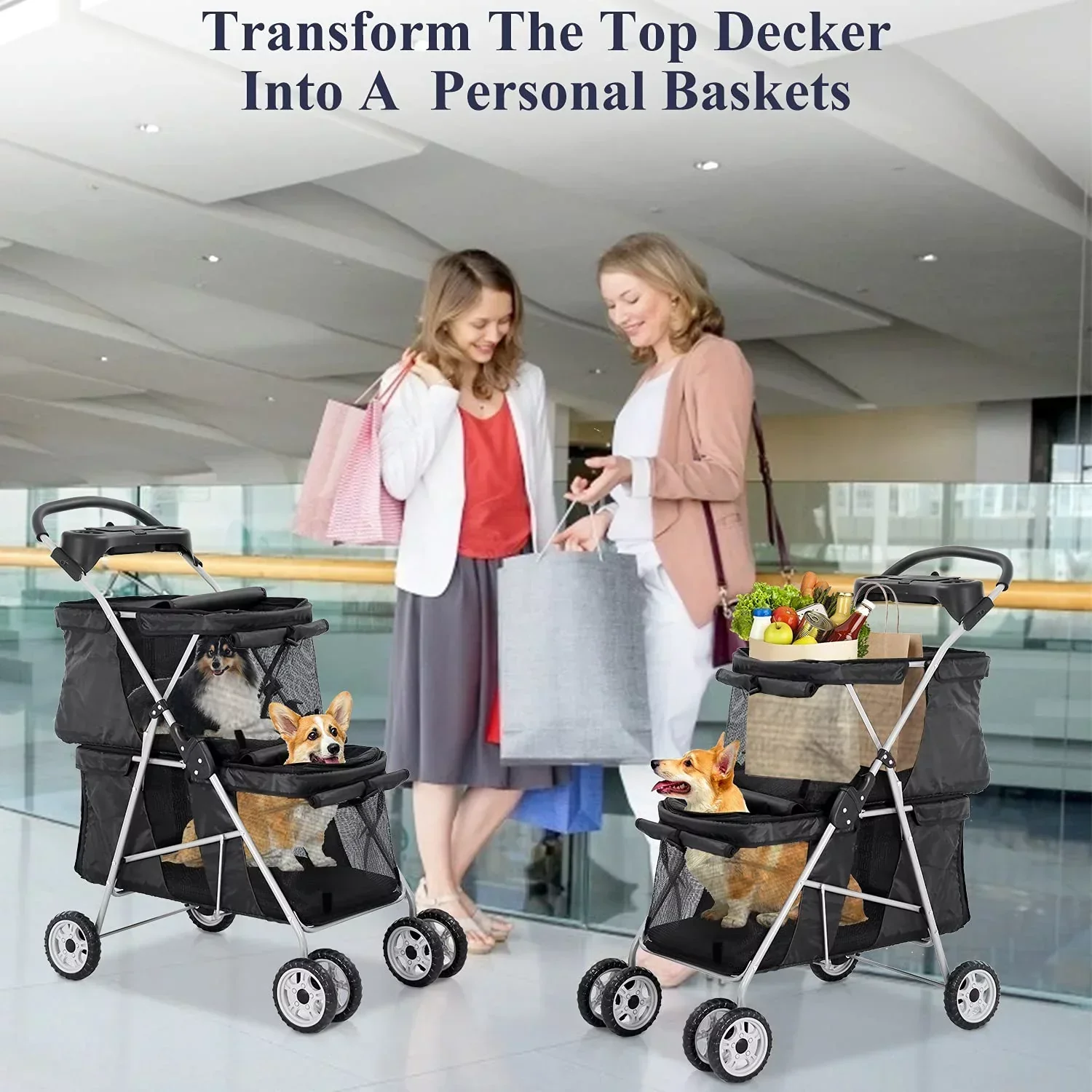 4-Wheel Foldable Pet Stroller With 2 Cages - Image 7