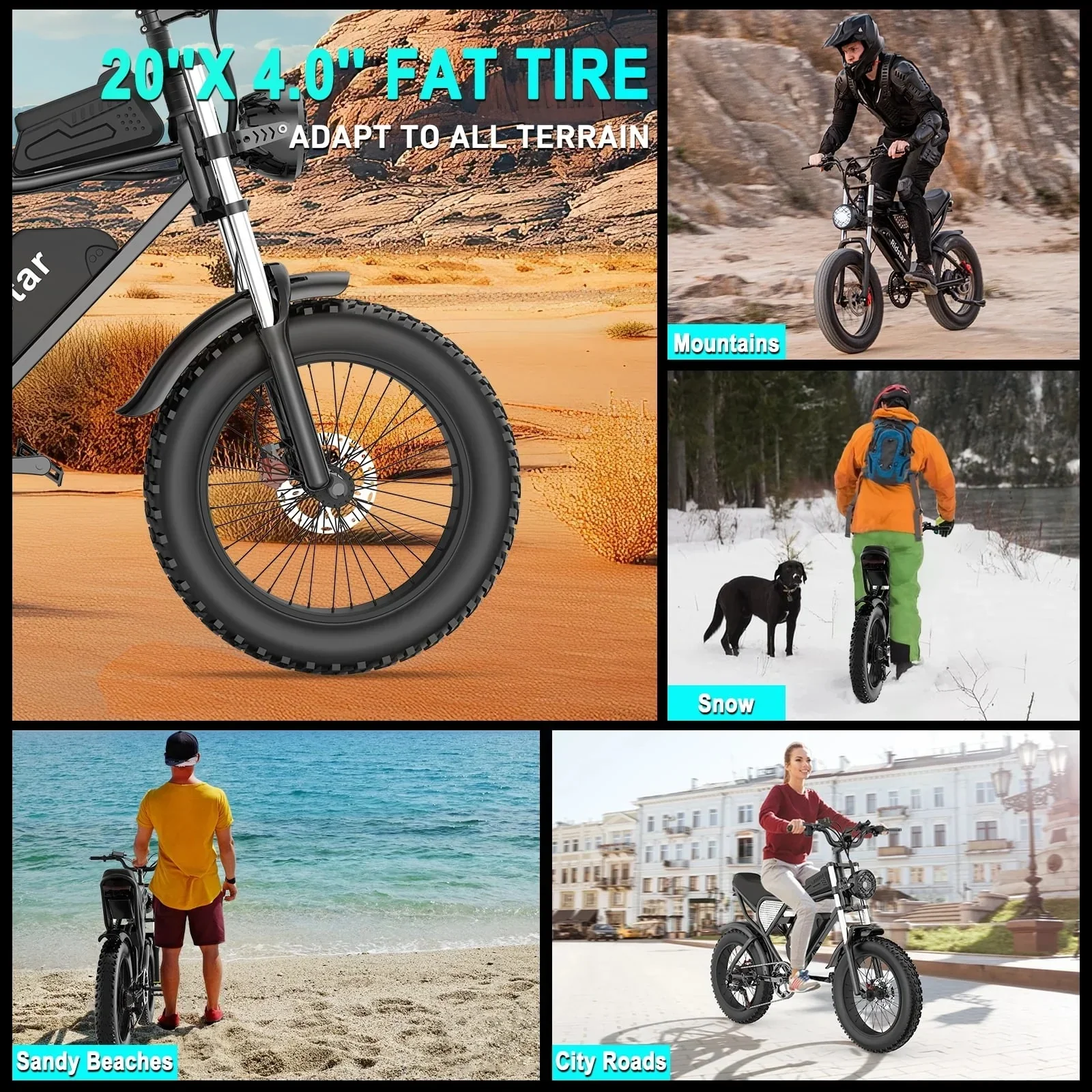 Ridstar electric bicycle for adults, 1200 W, 48 km/h mountain bike, 48 V 15.6 Ah battery, 20" fat bike tires, 7-speed full suspension - Image 4