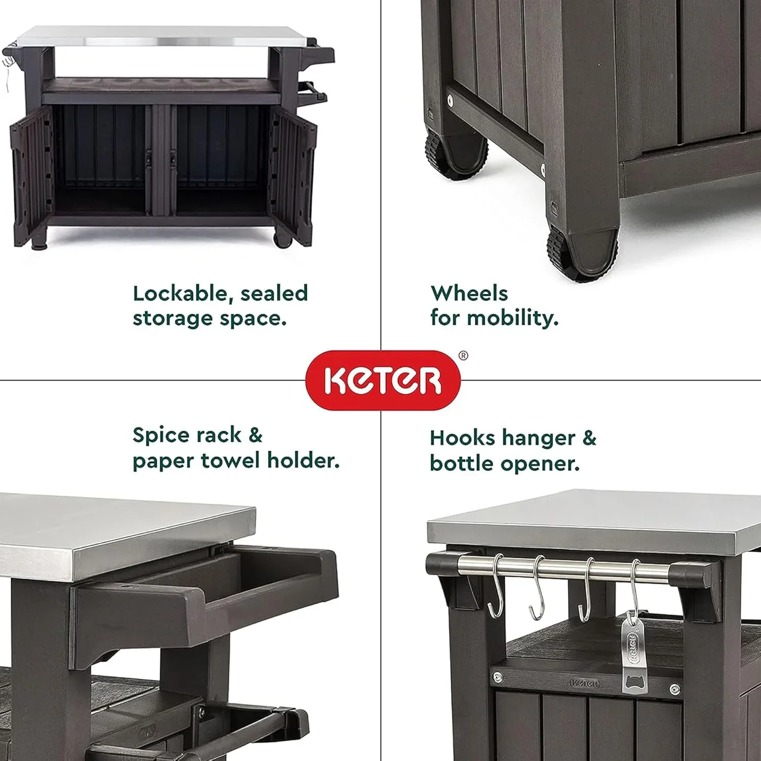 Keter Outdoor Rolling Table Cart for Food Prep, Storage, Bar & Grill, Dark Brown - Image 19