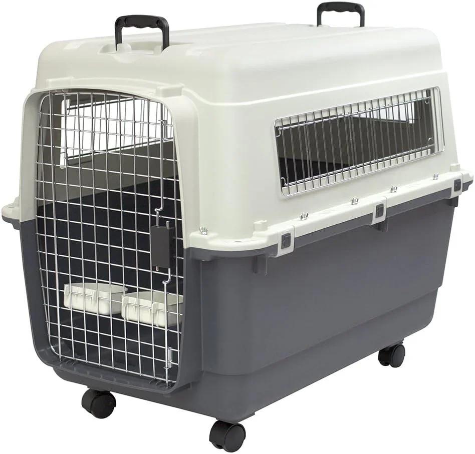 SportPet Designs Plastic Airline Approved Rolling Dog Kennel With Wire Door, XXX-Large, Gray, 48in L x 32in W x 36in H - Image 2