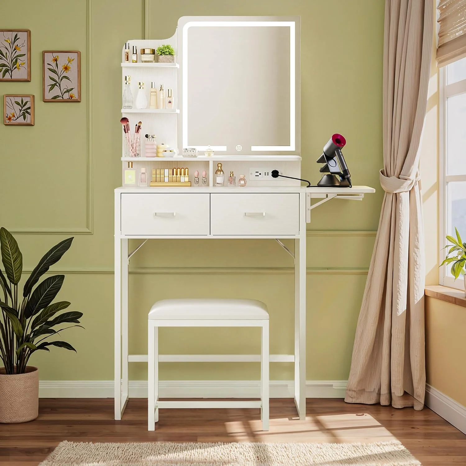 Fixwal Small Makeup Vanity Table with LED Mirror, 4 Drawers & Charging Station, White - Image 17