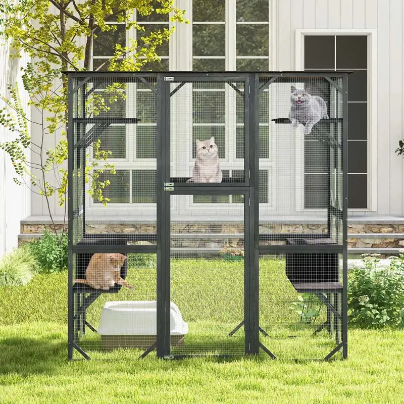 71-Inch Outdoor Wooden Catio Enclosure With 7 Platforms And 2 Condos - Grey - Image 6